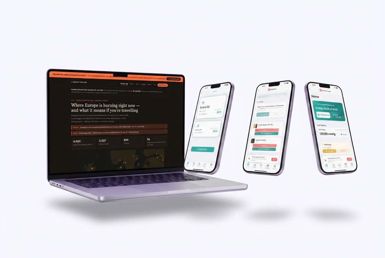 A laptop showing the Europe Fire Map website beside three iPhones running apps built by the agency